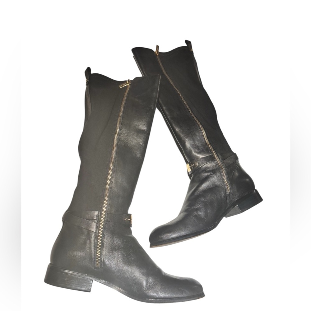 Michael Kors Black Leather Elastic Back Arley Knee-High Boots - Picture 12 of 16